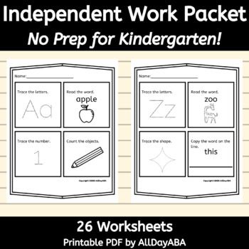 Independent Work Kindergarten Packet - No Prep Worksheets for Tracing